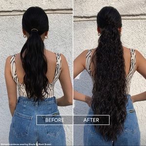26” hairpiece- add in hair: extra long with loose spirals ponytail- black-brown